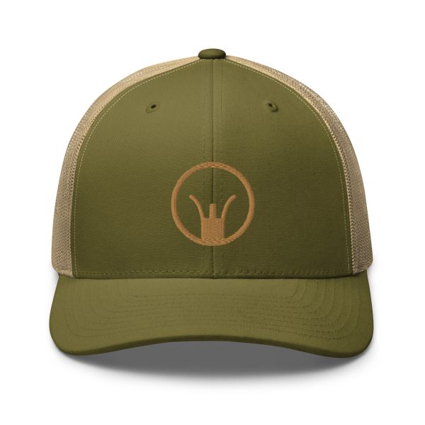 A green Iron Sights Trucker Cap adorned with a golden crown, perfect for any Iron Sights enthusiast or fan of the classic Trucker Cap style.