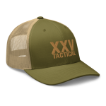 A XXV Tactical Trucker Cap featuring a green and tan design with the word tactical on it.