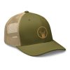 A green and tan Iron Sights Trucker Cap with an Iron Sights emblem on it.