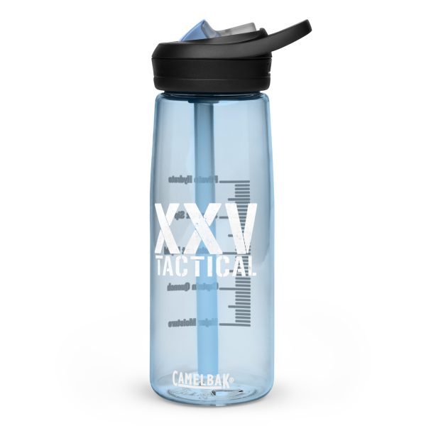 A blue XXV Tactical CamelBak Sports Bottle with the words xxx montreal on it.