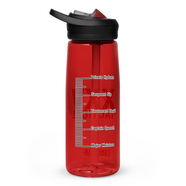 A red XXV Tactical CamelBak Sports Bottle with a black lid.