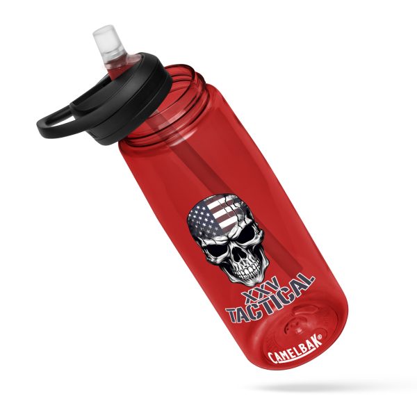 A red XXV Tactical CamelBak Sports Bottle with an American flag and Tactical CamelBak logo.