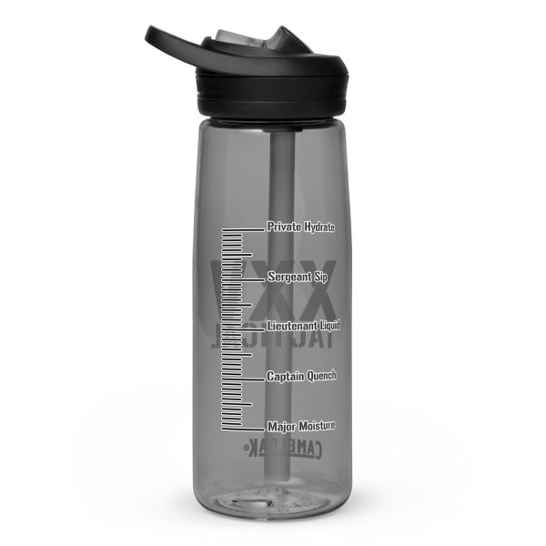 A XXV Tactical CamelBak Sports Bottle with a black lid and a black handle.