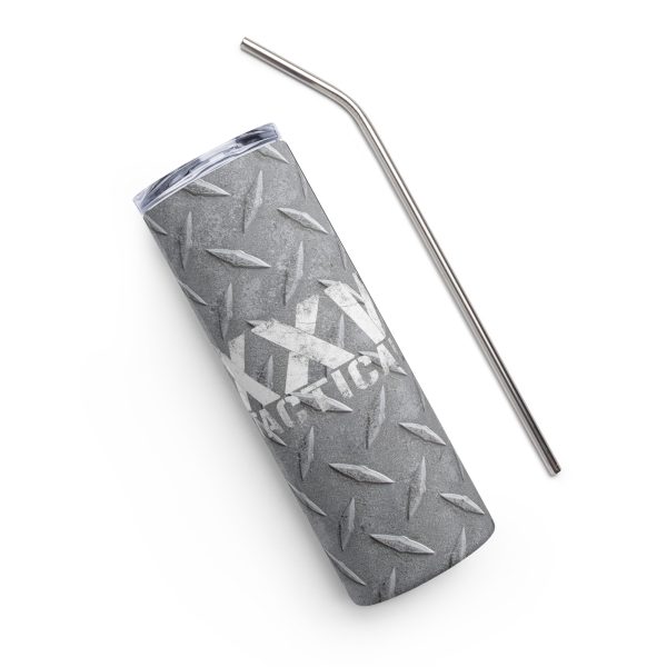 A 'XXV Tactical' Stainless Steel Tumbler with a straw next to it.