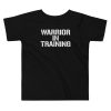 A 'Warrior in Training' toddler short sleeve tee in black, proudly displaying the words "warrior in training".