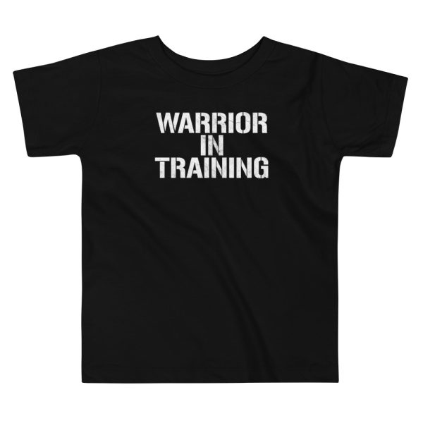 A 'Warrior in Training' toddler short sleeve tee in black, proudly displaying the words "warrior in training".