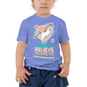 'Dream Believe Achieve' Unicorn toddler short sleeve tee.