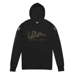 A Men's Join or Die Hooded Long Sleeve Tee featuring a black long sleeve design with an image of a snake.