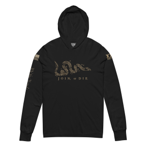 A Men's Join or Die Hooded Long Sleeve Tee featuring a black long sleeve design with an image of a snake.