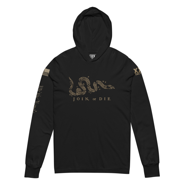 A Men's Join or Die Hooded Long Sleeve Tee featuring a black long sleeve design with an image of a snake.