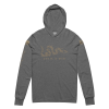 A gray Men's Join or Die Hooded Long Sleeve Tee with a gold logo on it, perfect for men who want to join the modern fashion trends.