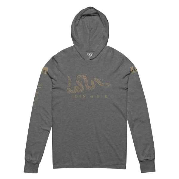 A gray Men's Join or Die Hooded Long Sleeve Tee with a gold logo on it, perfect for men who want to join the modern fashion trends.