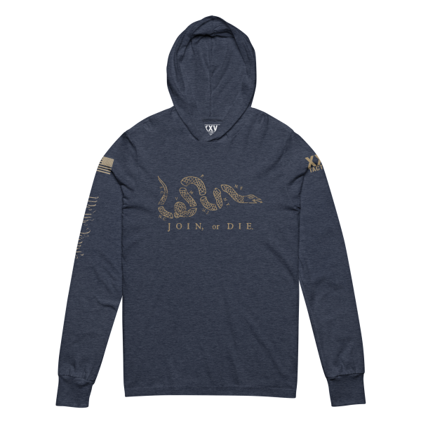 A navy hooded Men's Join or Die Hooded Long Sleeve Tee with an image of an American flag.