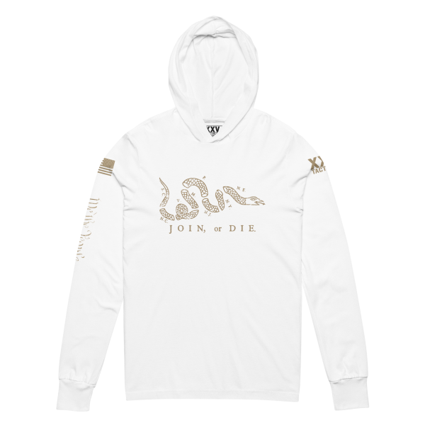 A white Men's Join or Die hooded long sleeve tee with an image of a snake on it.