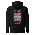 A black hoodie with the word VFW Riders - Post 5579 on it.