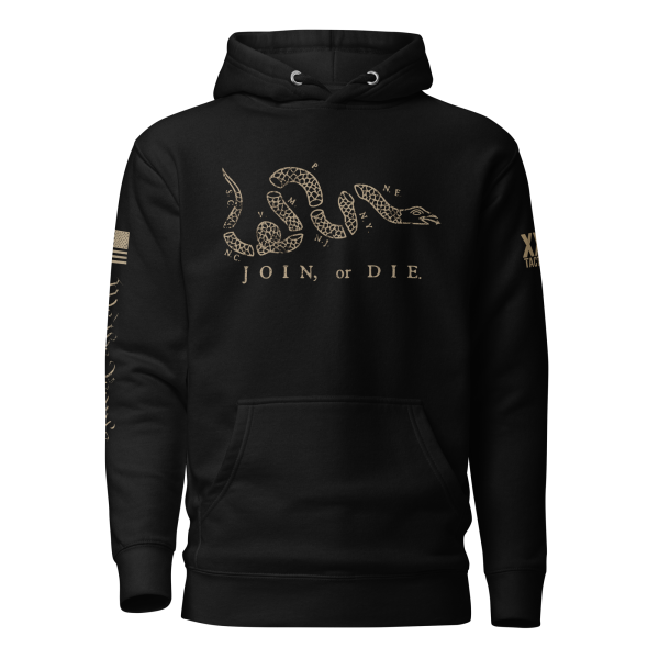 A Men's Join or Die Colonial America Hoodie featuring the iconic phrase "Join or Die" from Colonial America.