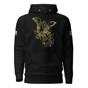 A Men's Saint Michael defeating Satan Hoodie with an image of a Saint Michael eagle.