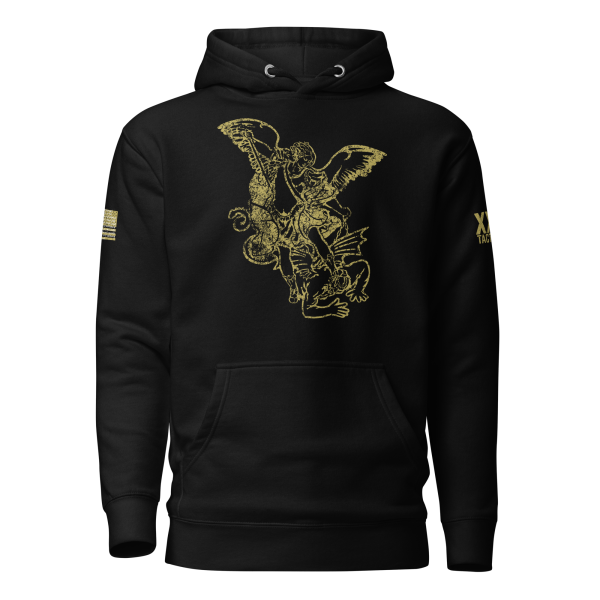 A Men's Saint Michael defeating Satan Hoodie with an image of a Saint Michael eagle.