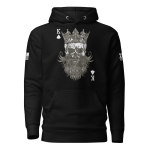 The Men’s King of Spades Hoodie is a black hoodie showcasing an intricate illustration of the King of Spades with a beard and crown on the front, alongside playing card symbols and text adorning the sleeves.