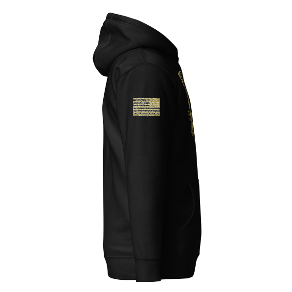 A Men's Saint Michael defeating Satan Hoodie, featuring a gold Saint Michael patch, symbolizing the triumphant victory over Satan.