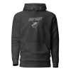 A men's charcoal pullover hoodie with an embroidered image of a marlin. Men's Stay Salty Embroidered Hoodie.