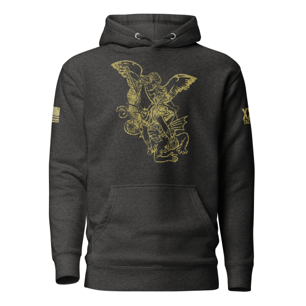 A Men's Saint Michael defeating Satan Hoodie featuring an image of Saint Michael, defeating Satan.
