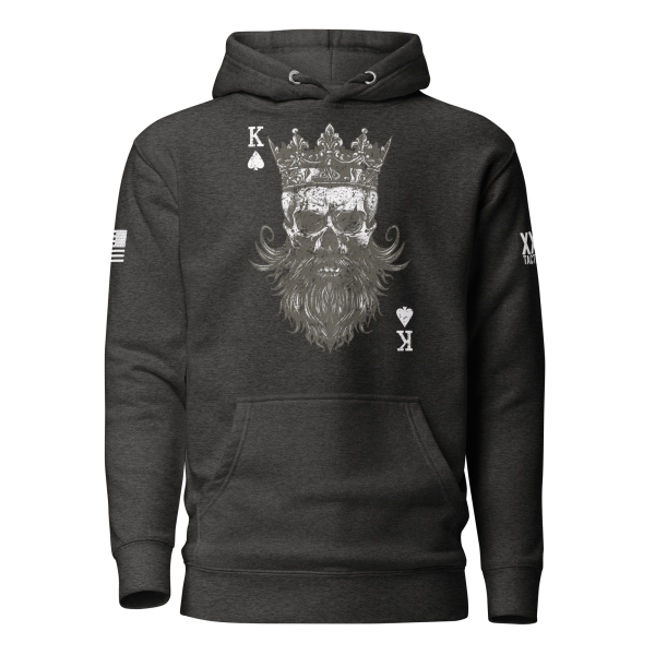 The Men’s King of Spades Hoodie showcases a bearded king with a crown at the center, surrounded by playing card symbols. This dark hoodie seamlessly combines style and edge.