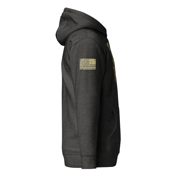 A Women's black hoodie with an American flag and [Women's Saint Michael defeating Satan Hoodie] design.