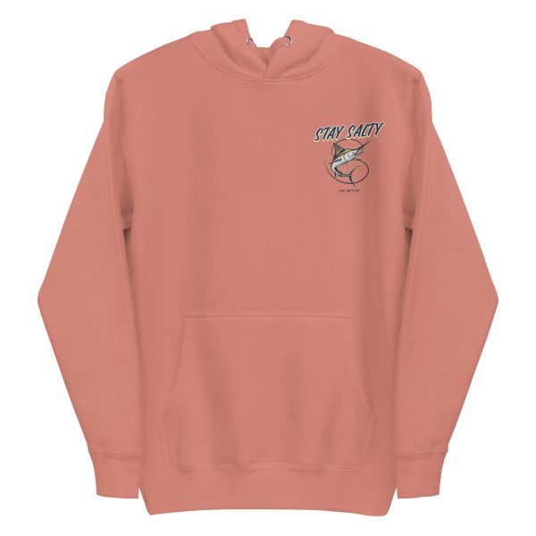 An embroidered pink Woman's Stay Salty Embroidered Hoodie with an image of a fish on it.