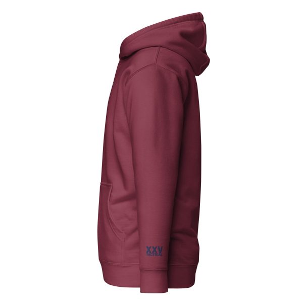 A Men's Stay Salty embroidered maroon hoodie with a blue logo, perfect for men's casual wear.