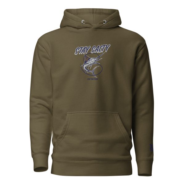 A Men's Stay Salty Embroidered Hoodie featuring a blue fish design, perfect for those who want to Stay Salty.
