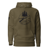 A Mens XXV Tactical Outdoorsman Hoodie incorporating an image of a tree and a bow and arrow, ideal for the outdoorsman.