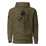 A Mens XXV Tactical Outdoorsman Hoodie incorporating an image of a tree and a bow and arrow, ideal for the outdoorsman.