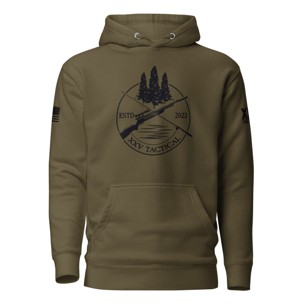 A Mens XXV Tactical Outdoorsman Hoodie incorporating an image of a tree and a bow and arrow, ideal for the outdoorsman.