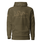 A Men's Join or Die Colonial America Hoodie is a green hoodie with the phrase "Join or Die" inspired by Colonial America.