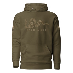 A Men's Join or Die Colonial America Hoodie is a green hoodie with the phrase "Join or Die" inspired by Colonial America.
