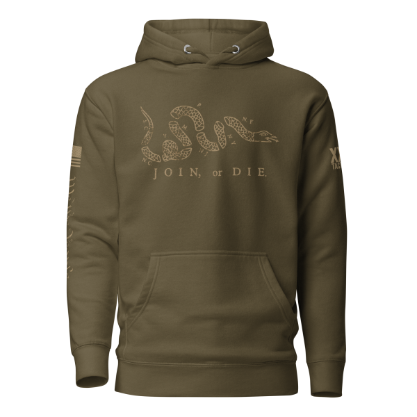 A Men's Join or Die Colonial America Hoodie is a green hoodie with the phrase "Join or Die" inspired by Colonial America.