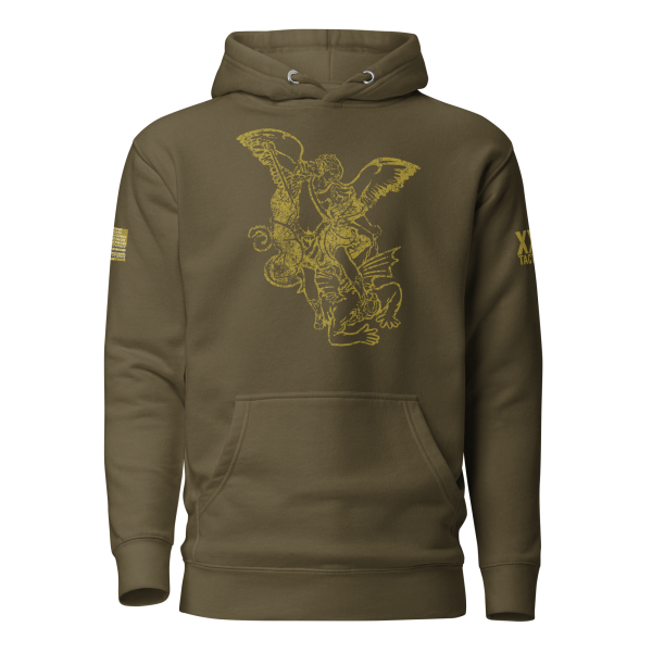 A Men's Saint Michael defeating Satan Hoodie featuring an image of Saint Michael defeating Satan.