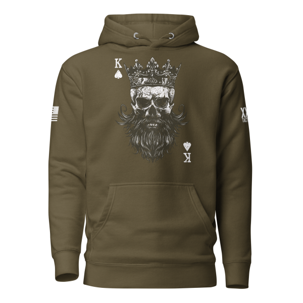 The Men’s King of Spades Hoodie is available in olive green and features a striking graphic of a bearded skull with a crown, symbolizing the King of Spades. It is decorated with the "K" and spade symbols on the chest and sleeves for an added edgy flair.