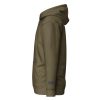 A Men's Stay Salty Embroidered Hoodie in olive green with embroidered blue lettering that says "stay salty.