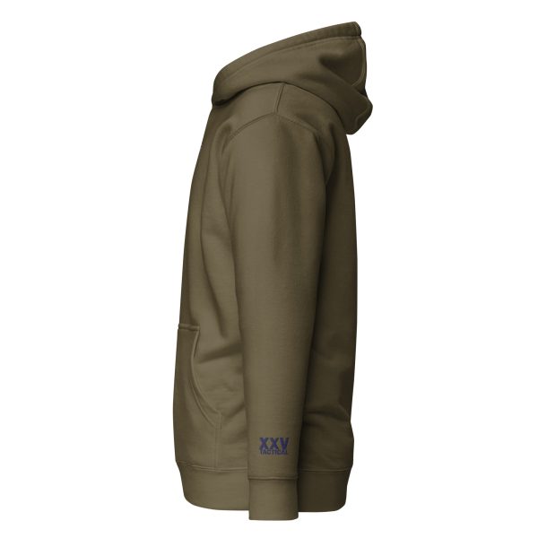 A Men's Stay Salty Embroidered Hoodie in olive green with embroidered blue lettering that says "stay salty.