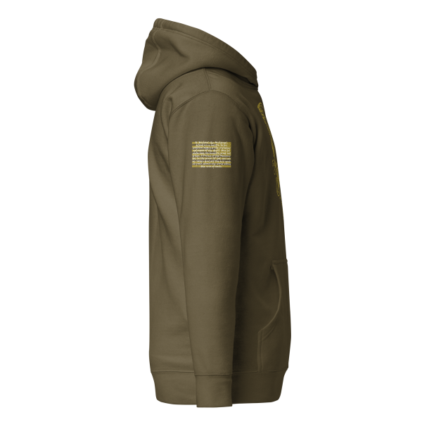 A Men's Saint Michael defeating Satan Hoodie with a yellow patch on it.
