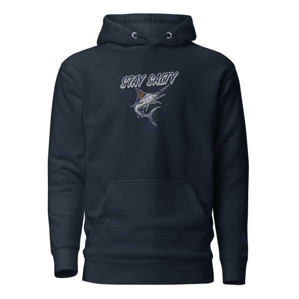 Men's Stay Salty Embroidered Hoodie with an image of a marlin.
