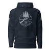 A Mens XXV Tactical Outdoorsman Hoodie with an image of a lake and trees, perfect for the outdoorsman.