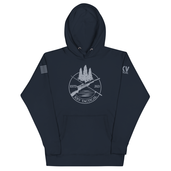 A navy Mens XXV Tactical Outdoorsman Hoodie with a white logo on it.