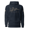 A men's navy hoodie featuring the iconic slogan "Join or Die" associated with Colonial America is the Men's Join or Die Colonial America Hoodie.