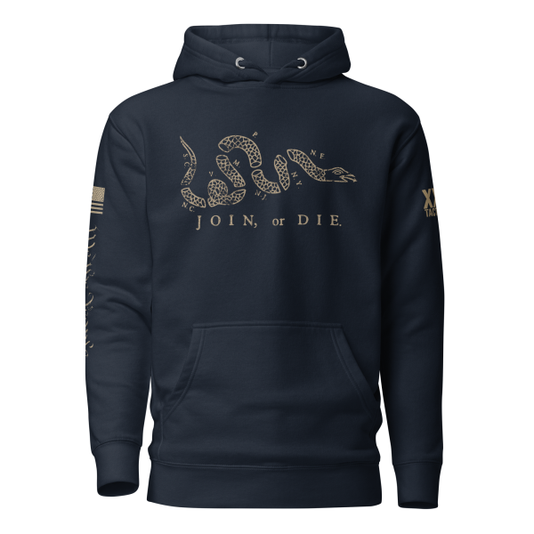 A men's navy hoodie featuring the iconic slogan "Join or Die" associated with Colonial America is the Men's Join or Die Colonial America Hoodie.