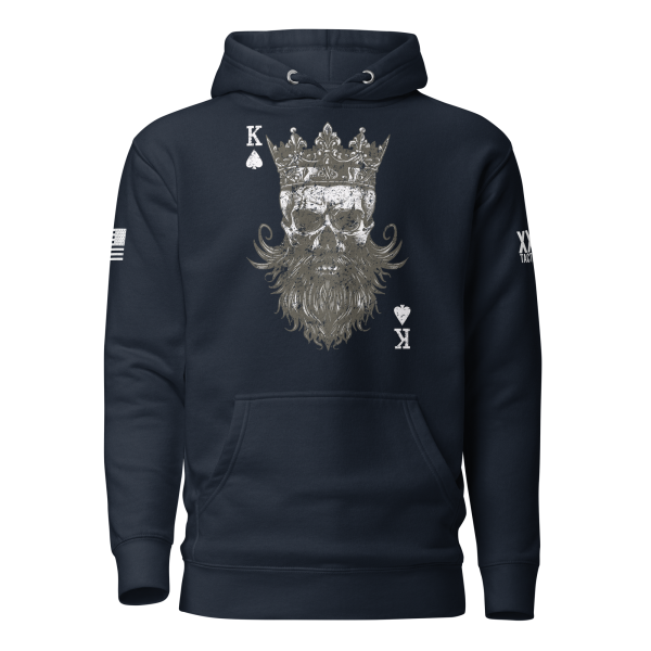 Introducing the Men’s King of Spades Hoodie, adorned with a navy blue graphic design of the King of Spades wearing a crown and sunglasses.