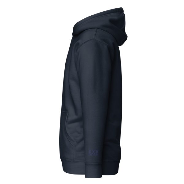 A men's Stay Salty embroidered hoodie with an embroidered purple logo of "Stay Salty" on it.