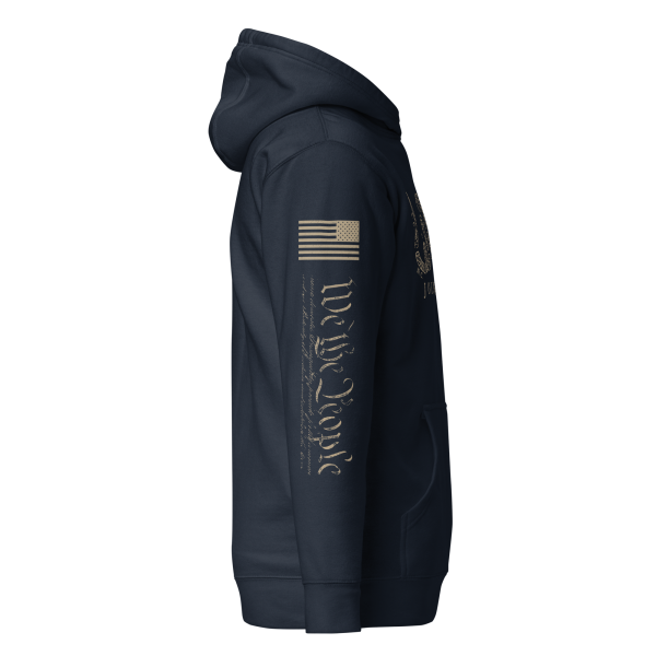 A patriotic navy Men's Join or Die Colonial America Hoodie for men featuring an American flag.